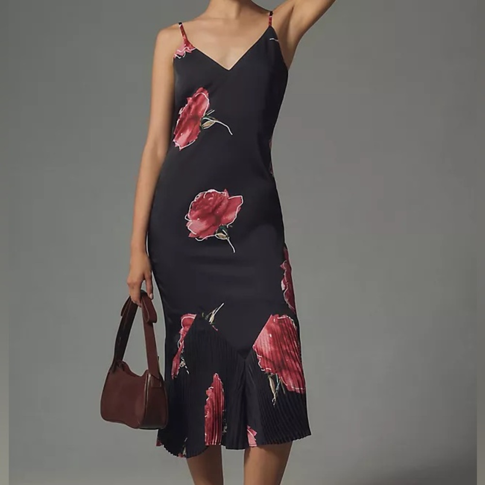 Anthropologie Adelyn Rae Black Floral V Neck Pleated Maxi Slip Dress NWT Size XL